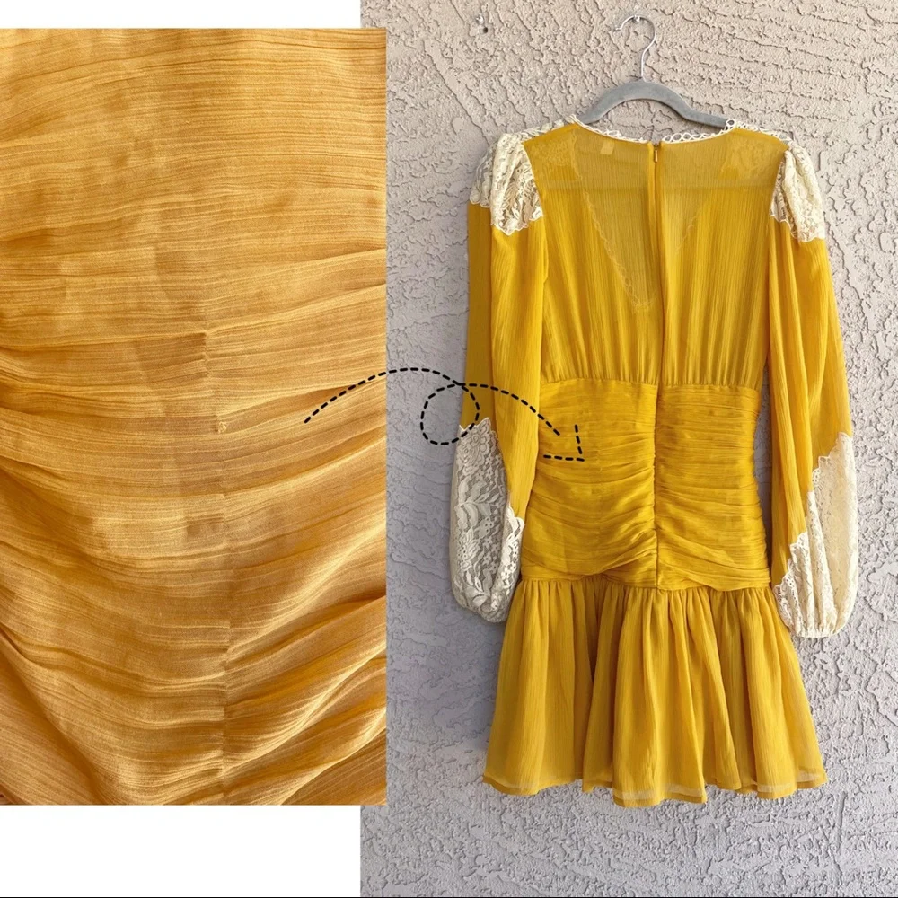 ASOS Mustard Yellow Saffron Chiffon Boho Lace Crochet Ruched Mini Dress - Picture 8 of 13